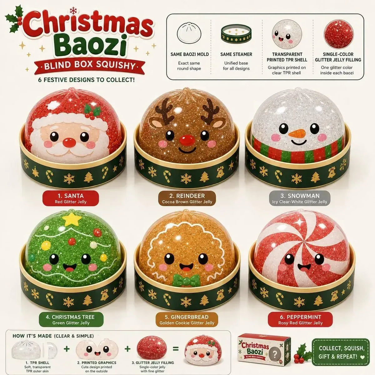 🎅Christmas Dumpling Squishy Fidget Toy Set – 6 Festive Designs